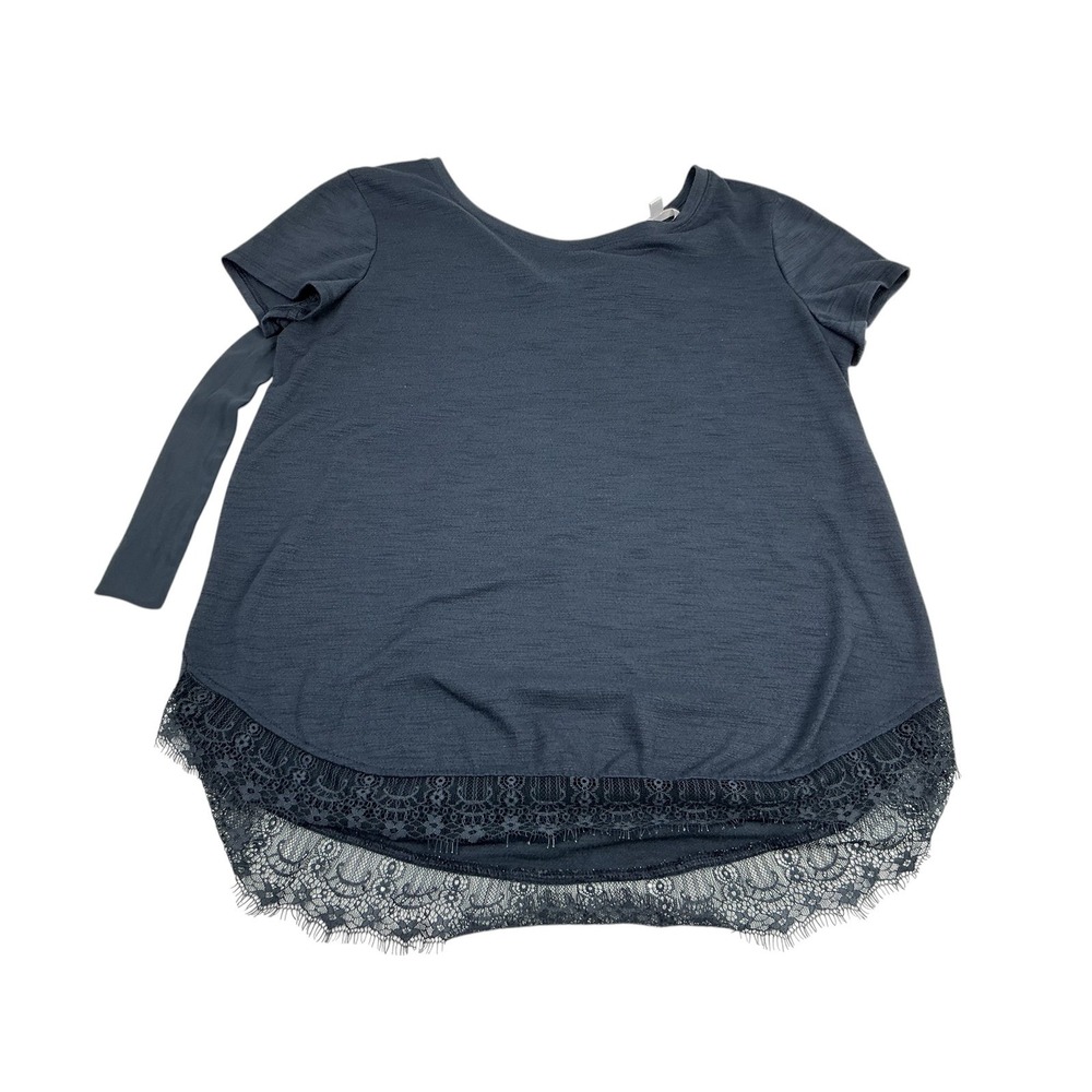 LC Lauren Conrad Women's Dark Gray/Blue Short Sleeve Lace Trim Tie Back Top M